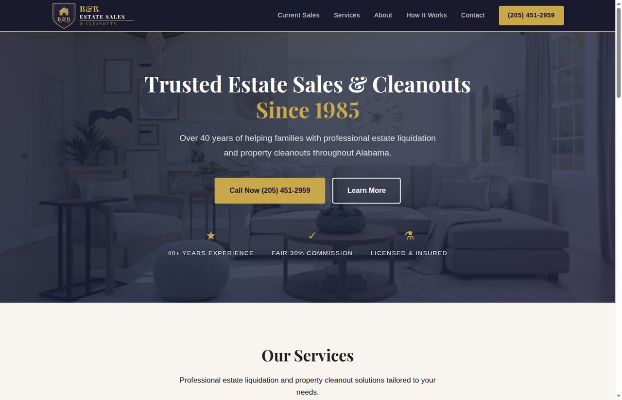 Estate-sale website sample design with navy and gold branding