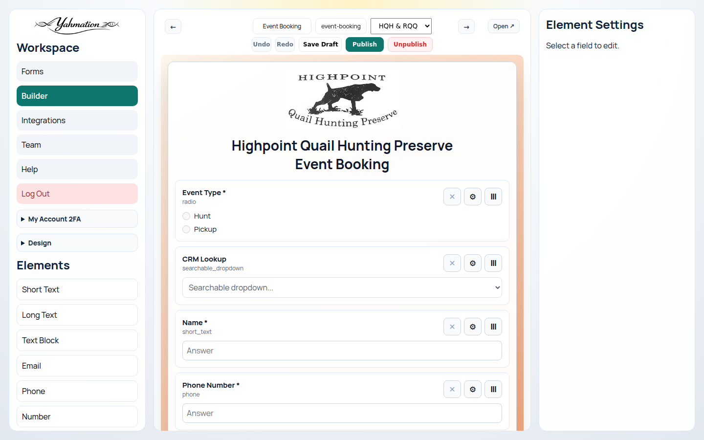 Yahmation Form Builder editor