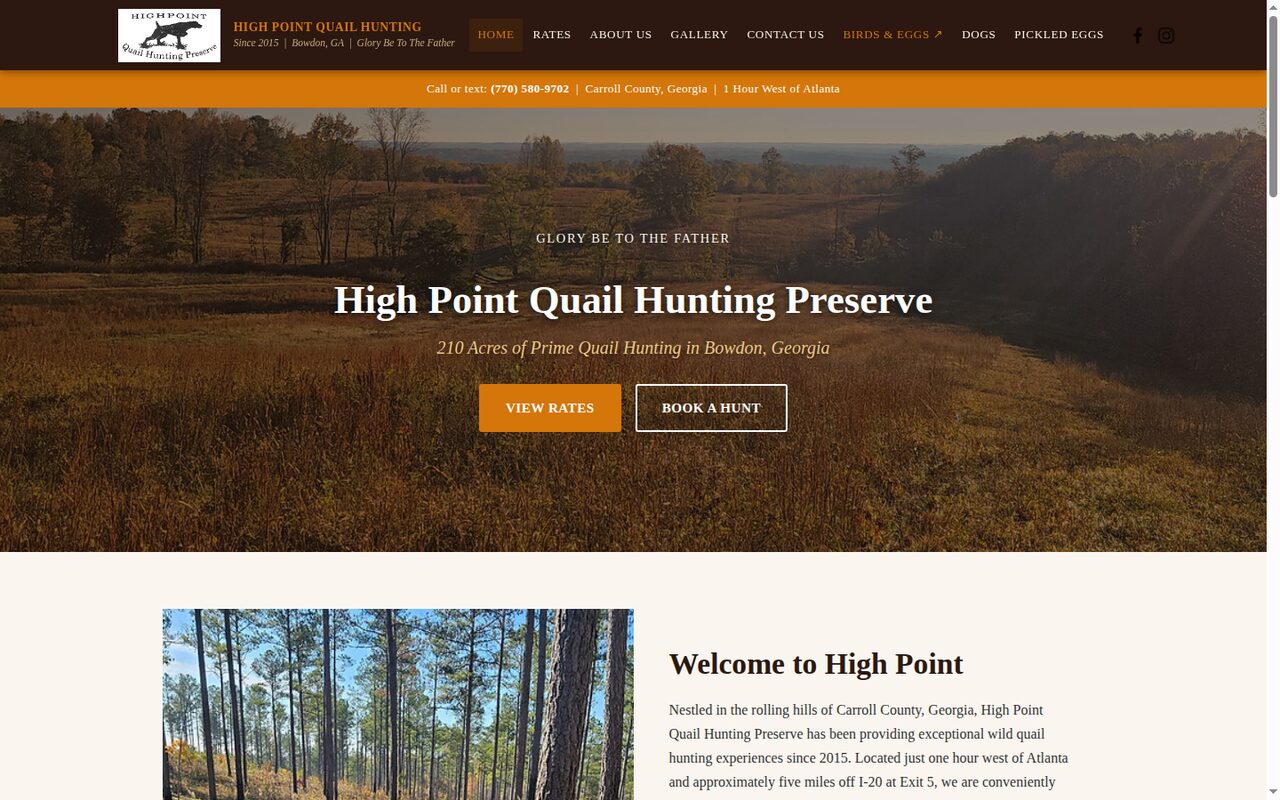 High Point Quail Hunting Preserve website — designed and managed by Yahmation