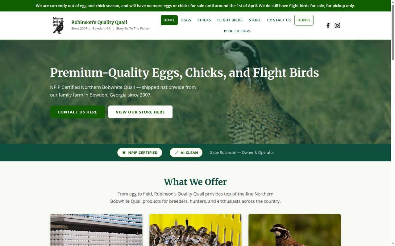 Robinson's Quality Quail website — designed and managed by Yahmation