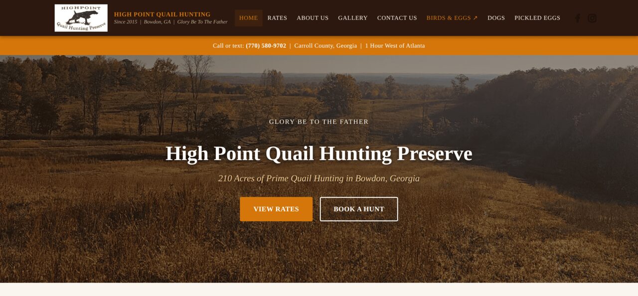 High Point Quail Hunting Preserve website with warm earth tones, hero image of 210-acre Georgia hunting grounds