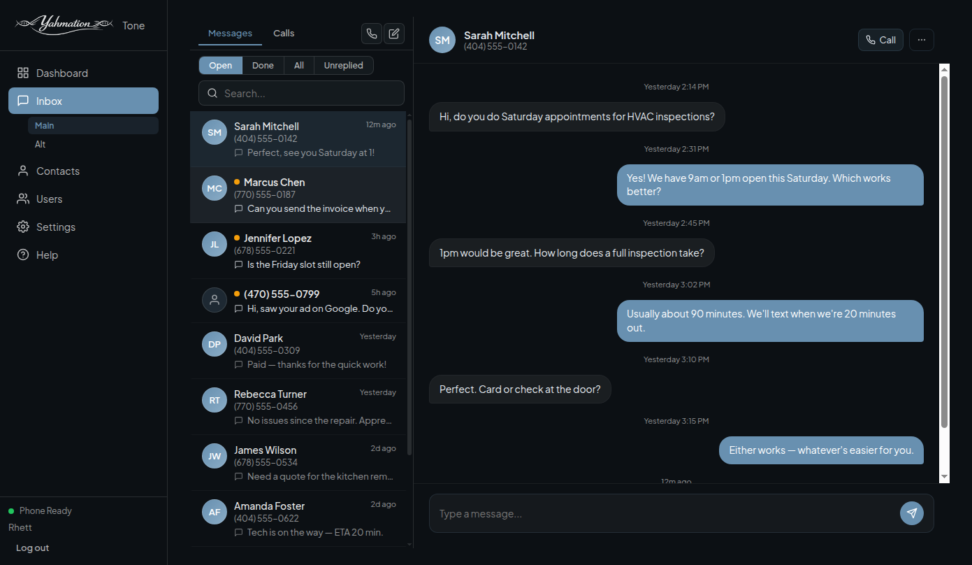 Tone unified inbox with an open SMS conversation thread